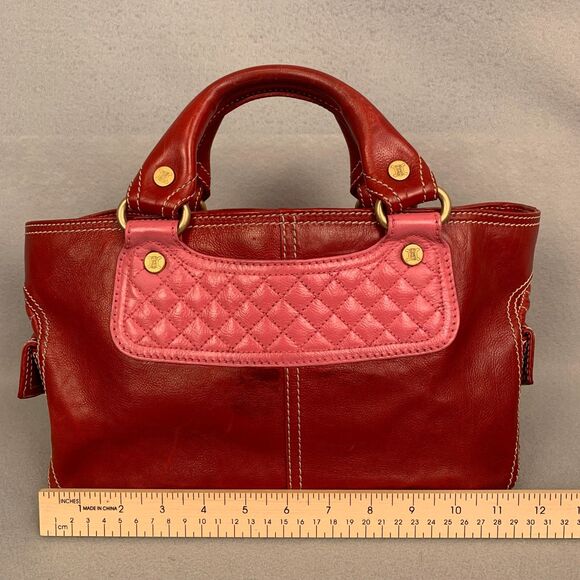 Celine Red Leather Satchel Bag Pink Quilted Detail Designer Purse Classic Luxury - Picture 6 of 9